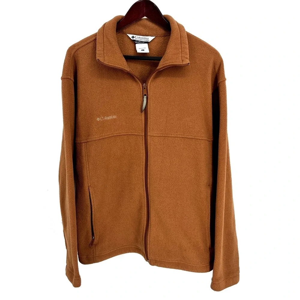 Columbia Fleece Jacket Mens Large Brown Embroidery Full‎ Zip Pockets Vintage